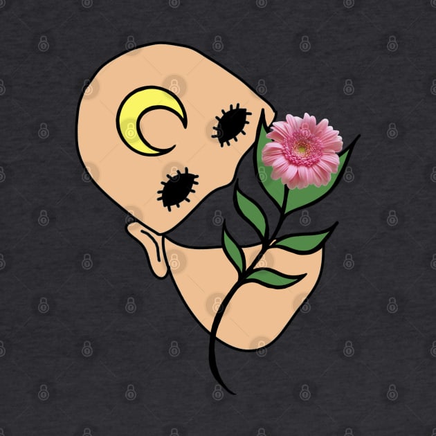 Surreal Face with Moon on Forehead and Pink Gerber Daisy by Tenpmcreations